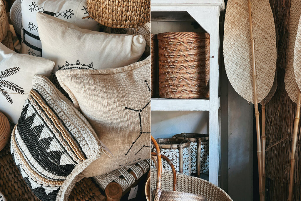 Collage of handicrafts. Cushions in light brown and white on the left. Baskets on the right