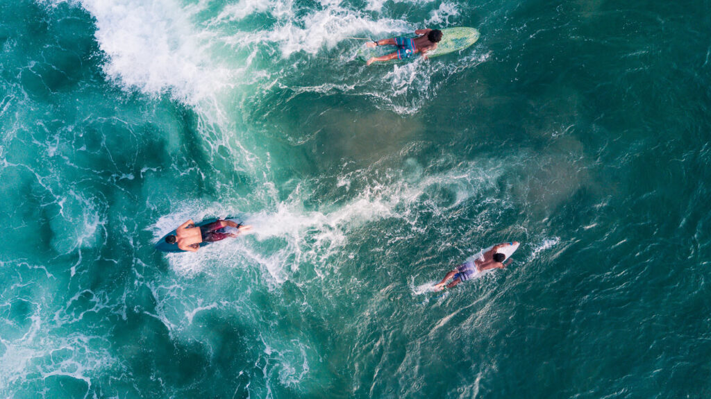 3 surfers paddling from above