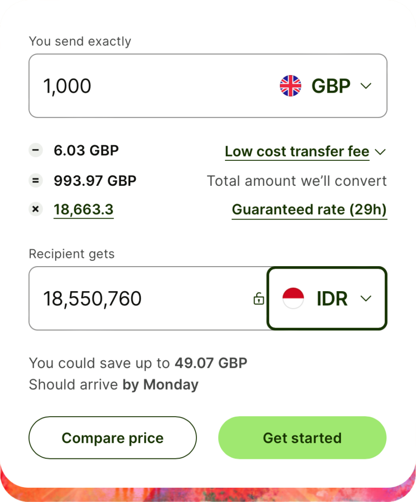 Wise currency conversion example. For 1000 GBP you get 18,550,760 IDR